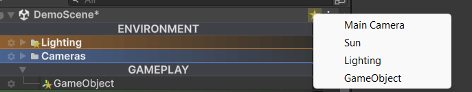 Bookmarked GameObjects with star badges visible on their rows