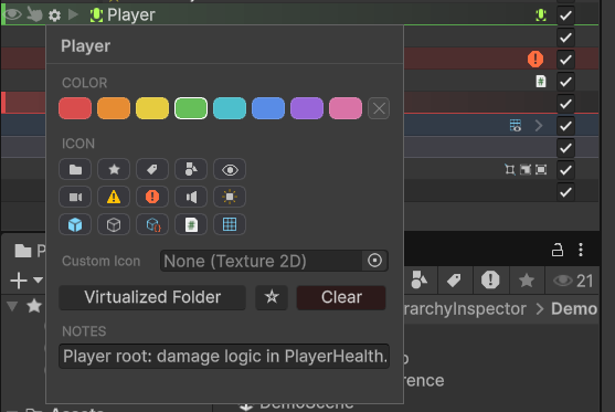 The gear popup floating over a hierarchy row