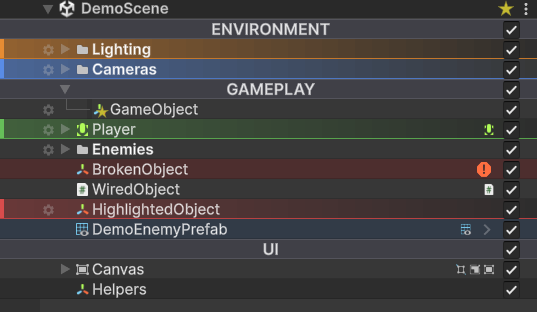 Demo scene hierarchy with the gear button visible on the hovered row