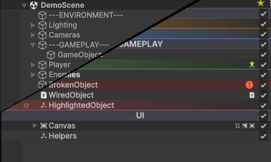 Hierarchy Inspector applied to a Unity scene