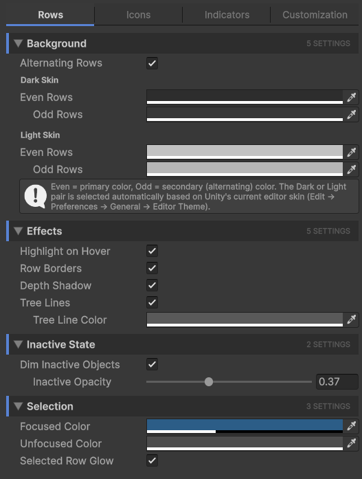 Theme inspector with the Rows tab open and all sections expanded