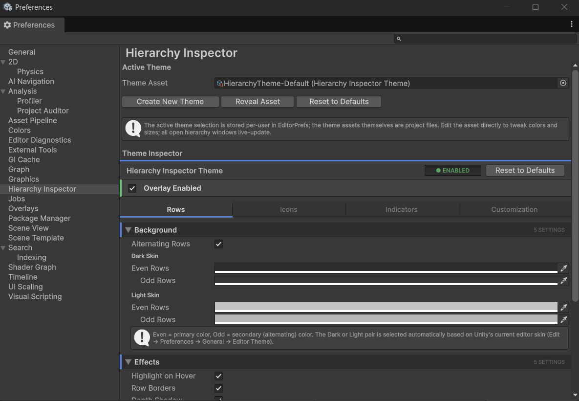 Unity Preferences with the Hierarchy Inspector pane open